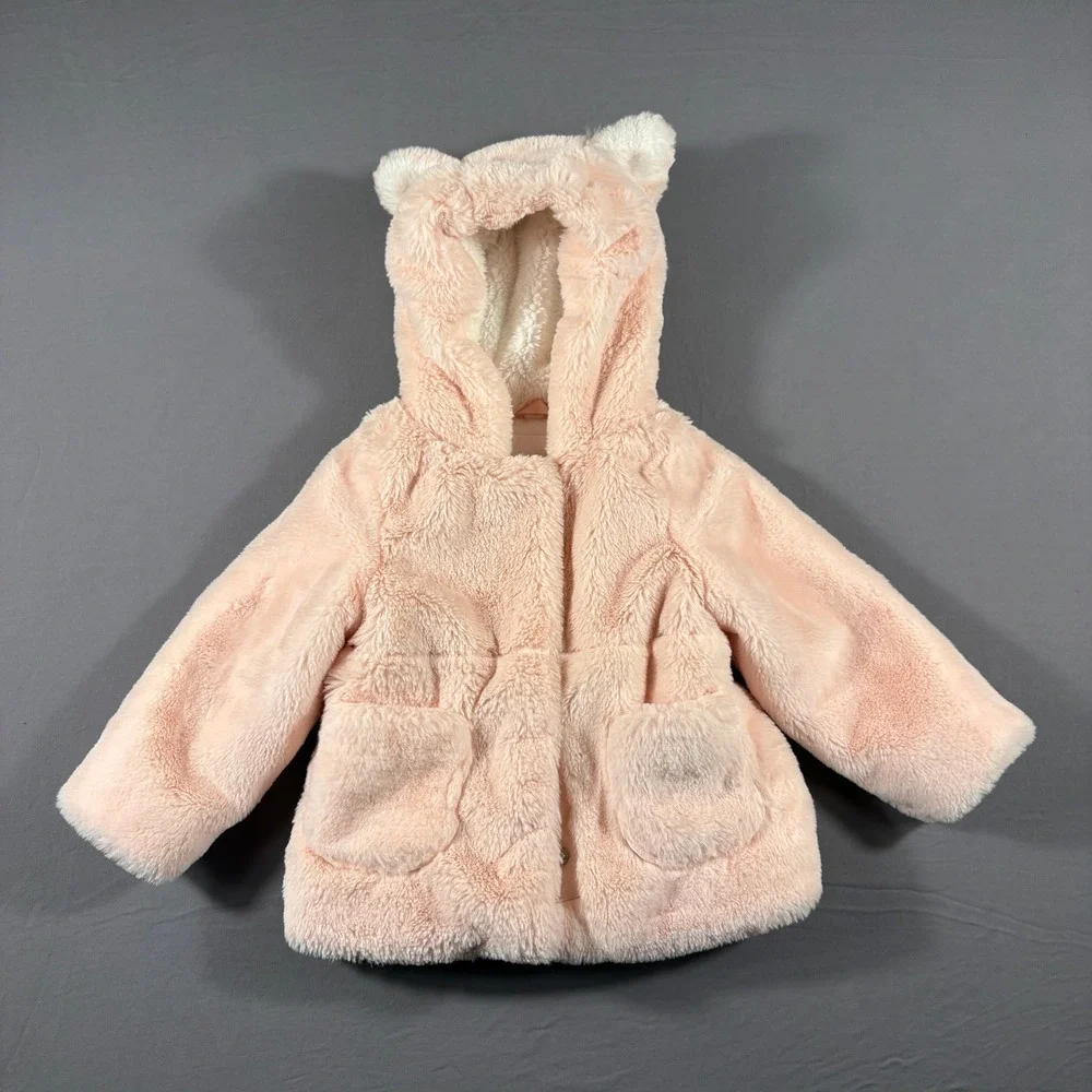 Cat & Jack Girls Peach Pink Faux Fur Hooded Jacket with Animal Ears Size 2T